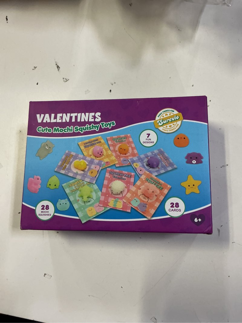 Condition photo showing New/Like New for 28 Pack Valentines Day Gifts for Kids, Mochi Squishies Party Favor Set with Valentines Greeting Cards for Kids, Valentine's Day School Prize Party Favor, Classroom Exchange Gift Set Style 1