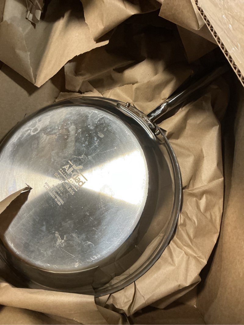 Condition photo showing As Is for All-Clad D3 3-Ply Stainless Steel Fry Pan with Lid 10 Inch, Induction Compatible, Oven Broiler Safe 600F, Fast and Even Heat, Pots and Pans, Cooking Skillet Cookware, Stainless Steel Silver 10"