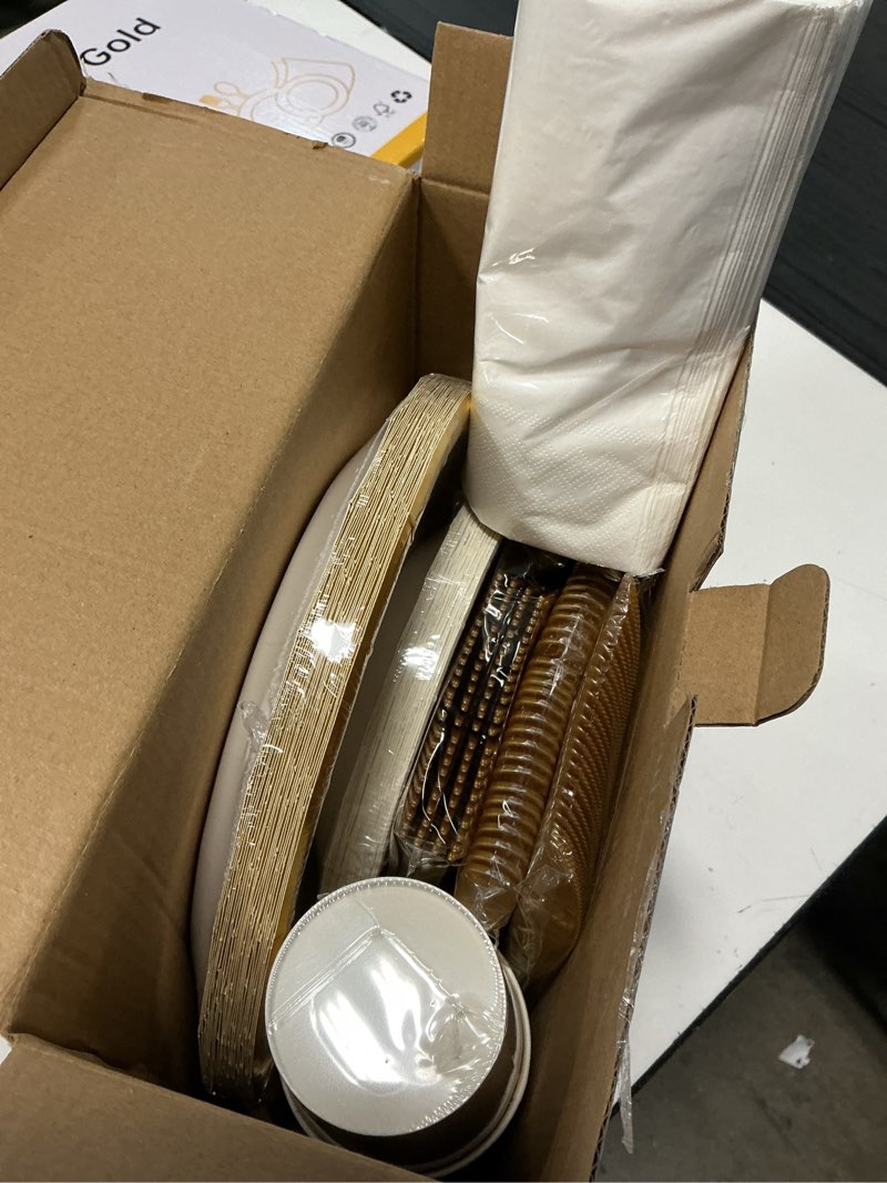 Condition photo showing New/Like New for aire 175pcs white gold paper plates party supplies dinnerware sets for 25 guests, disposable paper party plates, cups and napkins, gold plastic forks knives spoons for wedding birthday bbq parties