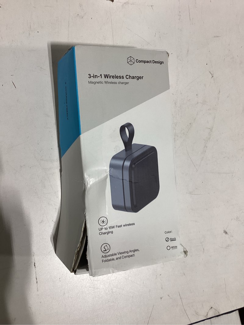 Condition photo showing Good Condition for 3 in 1 wireless charging station for apple devices, magnetic foldable travel fast charger stand compatible with magsafe for iphone air/17/16/15/14/13/12 series, apple watch & airpods pro/4/3/2-black