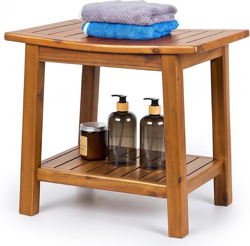 Teak Shower Bench, 20" Solid Wood Shower Stool Waterproof Shower Seat with Storage Shelf for Bathroom, Indoor & Outdoor Use