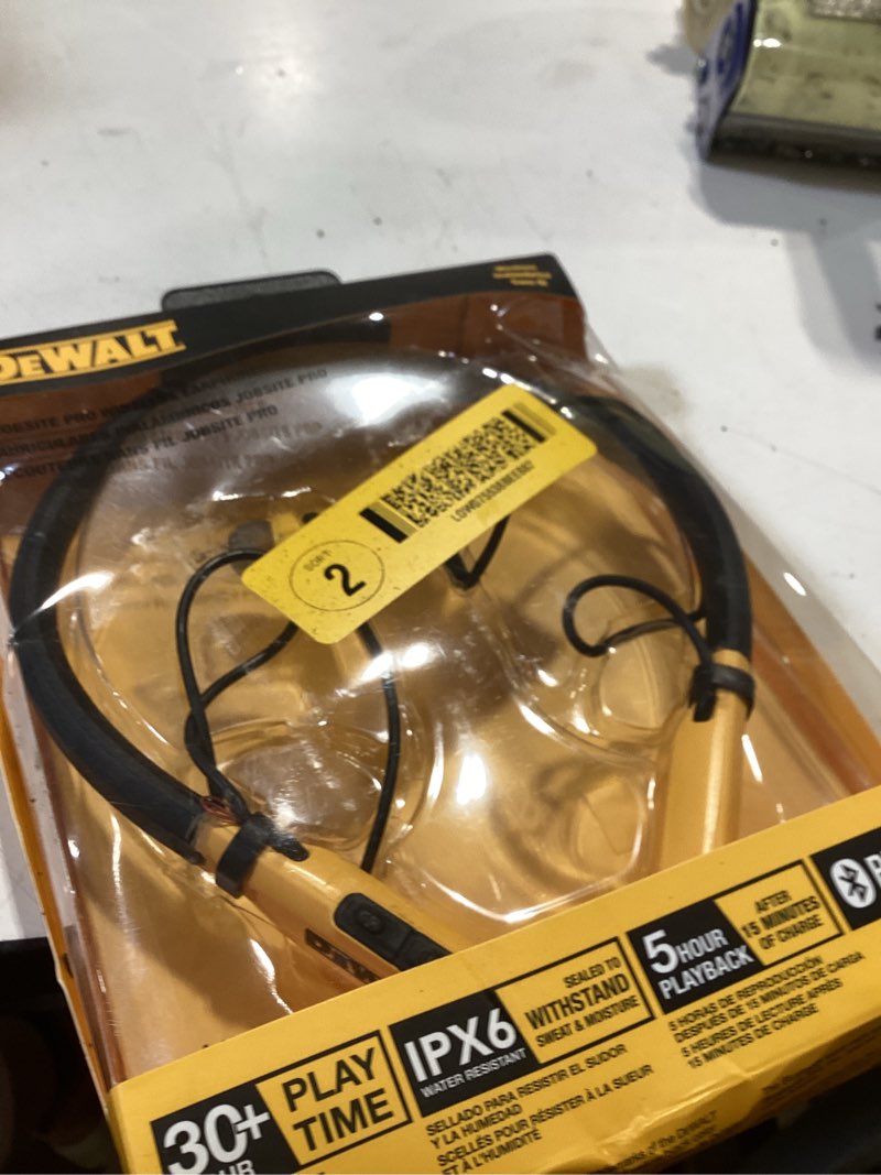 Condition photo showing As Is for dewalt wireless bluetooth behind-the-neck headphones 1 pk
