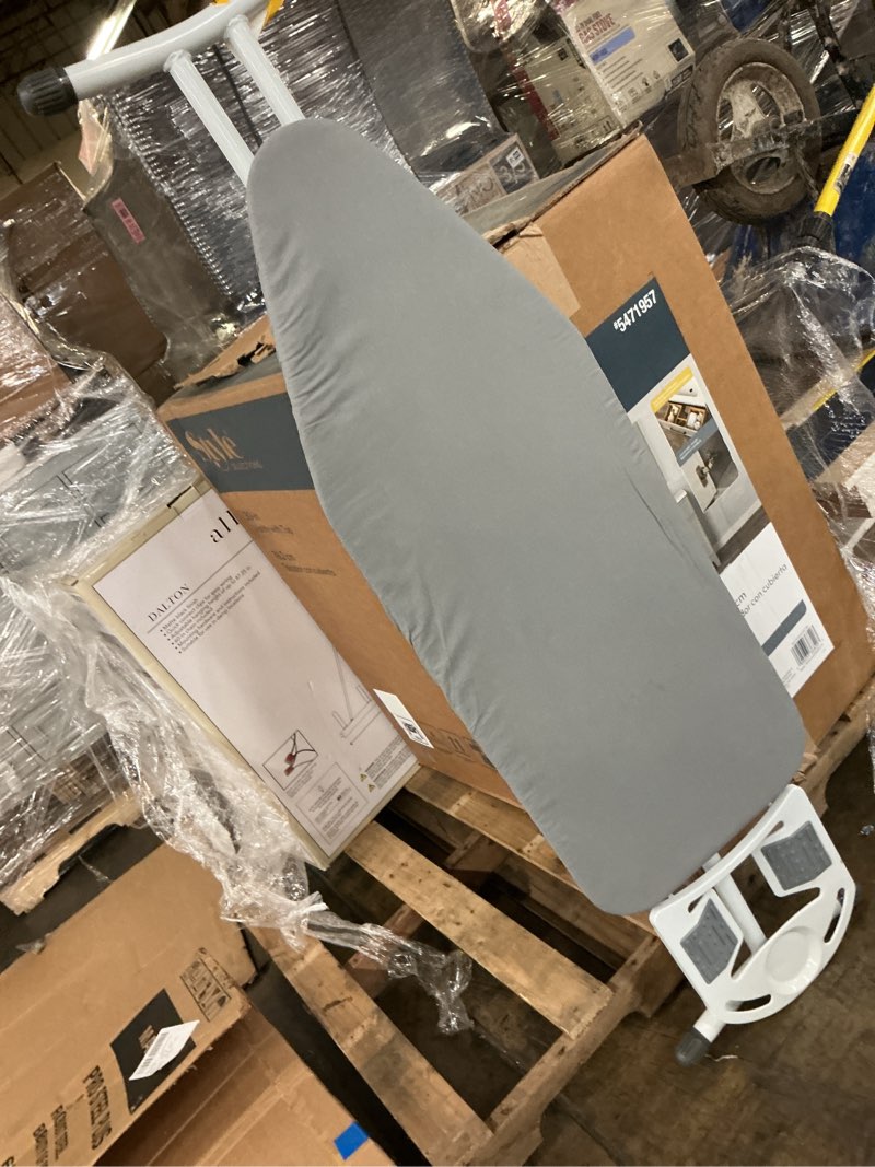 Condition photo showing As Is for bartnelli extreme stability ironing board 43x13 upgraded heavy-duty metal frame & iron rest, height adjustable, foldable, 4 non-skid feet, 100% cotton cover, made with patent european engineering gray/black