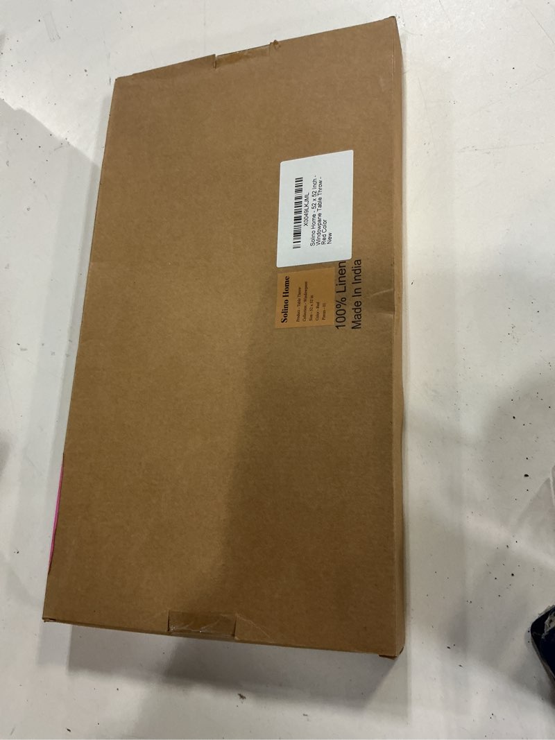 Condition photo showing New/Like New for Solino Home Linen Tablecloth 52 x 52 Inch - 100% Pure Linen Windowpane Red Square Tablecloth for Valentines - Machine Washable Table Throw Red 52" x 52" (Square)