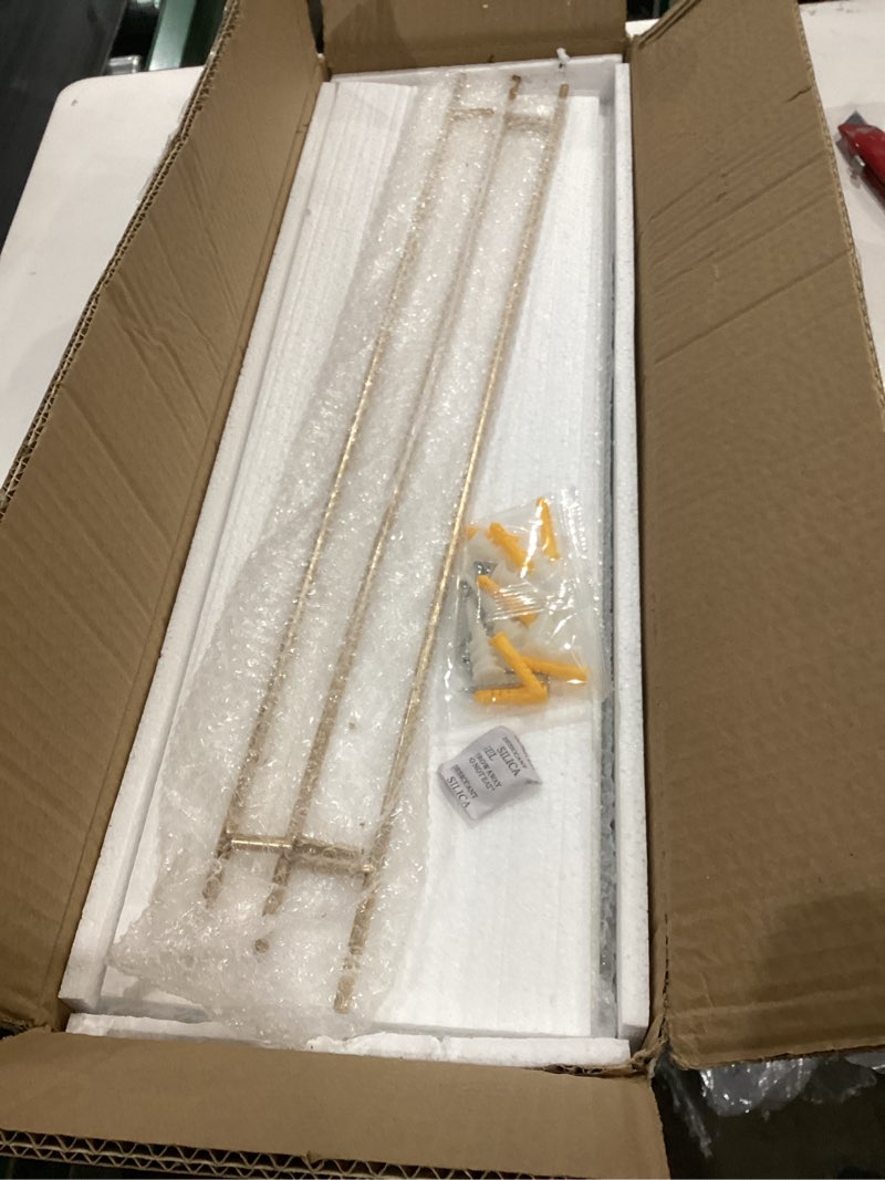 Condition photo showing New/Like New for wopitues floating shelves 24 inch with gold metal guardrail, shelves for wall decor set of 3, wall shelves for bedroom, bathroom, kitchen, living room, plants, picture frames, art- white and gold white and gold 23.6 inch