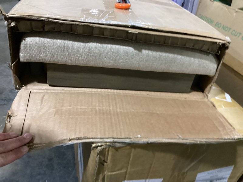 Condition photo showing Good Condition for simplihome waverly tufted ottoman bench - 48 inch wide upholstered linen look fabric rectangle footstool ottoman in natural, traditional bench for bedroom, entryway or living room with carved legs natural 48 inch