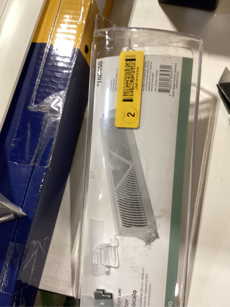 Condition photo showing As Is for reliabilt 16.38-in x 4.38-in adjustable magnetic mount plastic baseboard air deflector