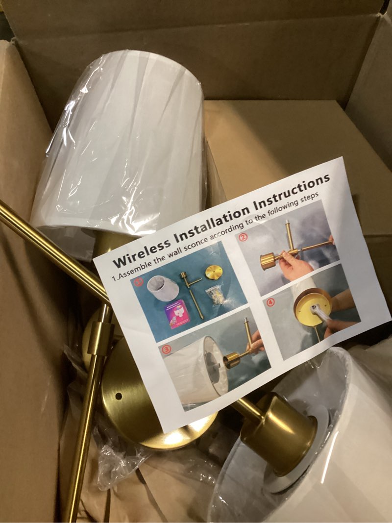 Condition photo showing As Is for (Similar item). PUSU LED Cordless Gold H9.6 inch Small Wall Sconces Set of 2, Rechargeable 5200mAh Battery Operated Fabric Wall Lamp with Remote, Lighting for Living Room, Bedroom, Hallway, Bathroom, Stairs, Kitchen H9.6\" Gold + Beige Fabric Lampshade (2 Pack)