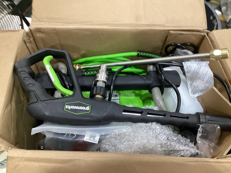 Condition photo showing As Is for greenworks 2100 psi (sgs certified) 1.2 gpm 13amp compact electric pressure washer telescoping handle power washer for cars, driveways, patios, patio furniture & around pools pressure washer 2100 psi (new)