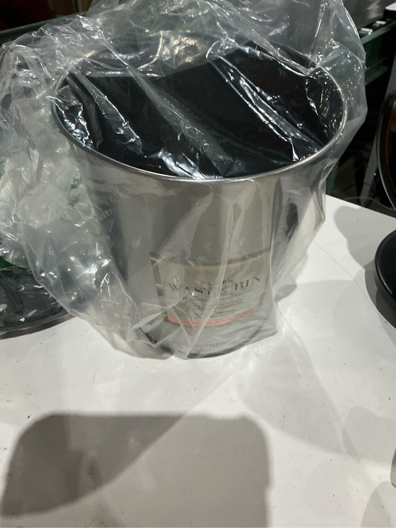 Condition photo showing Good Condition for bath bliss 5 liter small wastebasket, stainless steel | compact round open top trash can | durable bathroom bedroom dorm office garbage bin | stylish space-saving waste disposal container stainless steel 1 pack