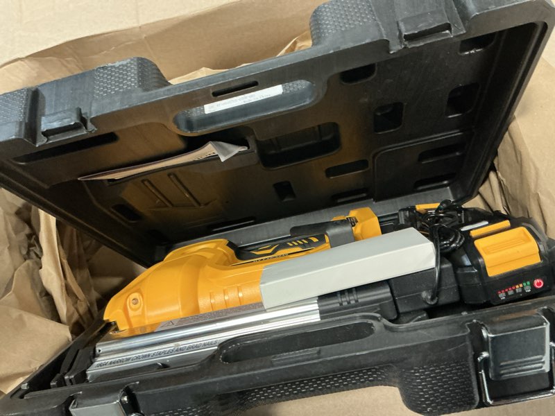 Condition photo showing Good Condition for silvel 2" cordless brad nailer, 2-in-1 21v electric brad nailer with 2 * 2.0ah battery, 1000pcs nails, 18ga staples, adjustable depth for woodworking, home improvement, yellow yellow-2a