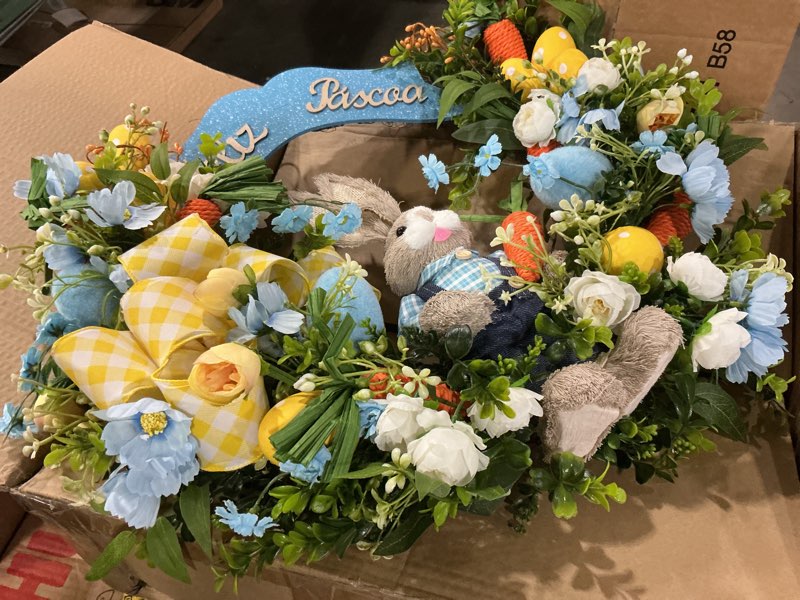 Condition photo showing New/Like New for 24" large easter wreath for front door with cute rabbit carrot eggs flowers bow sign, farmhouse spirng easter decoration for home porch wall mantel window outdoor indoor decor