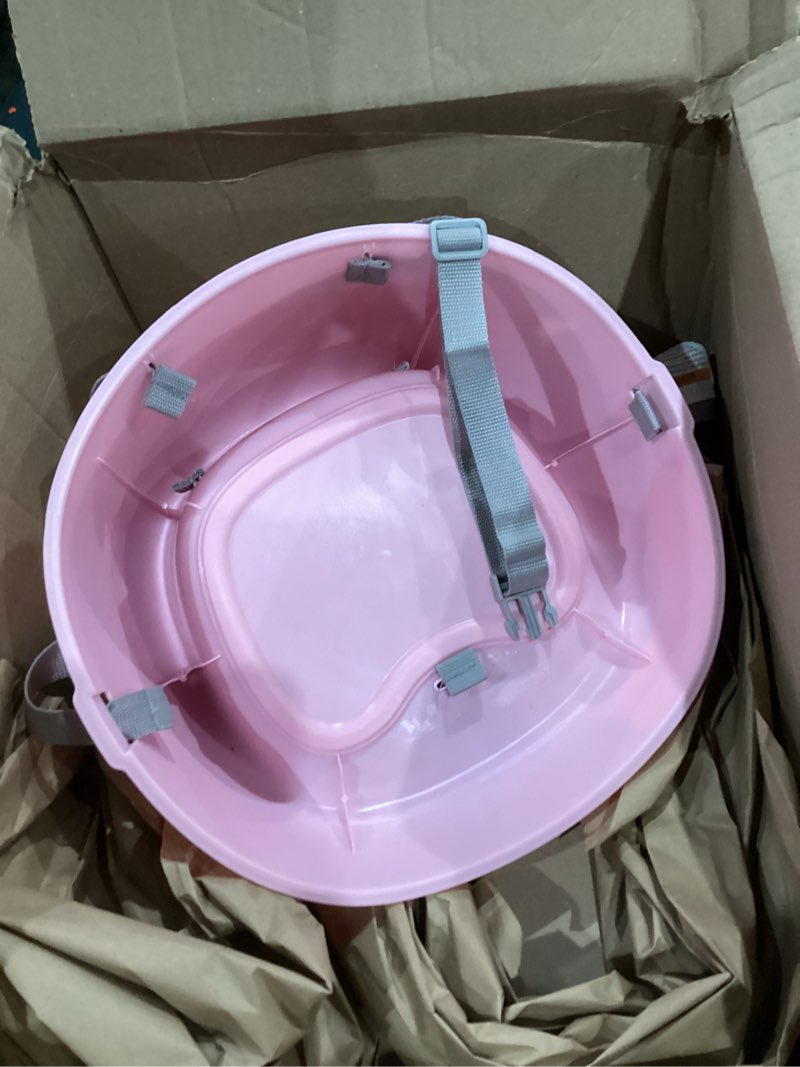 Condition photo showing As Is for bright starts disney princess my spot easy-clean baby booster feeding chair, 3-point harness, washable removable straps, pink