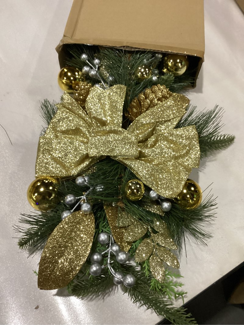 Condition photo showing New/Like New for 2025 Cordless Christmas Swags Artificial Stairs Christmas Garland with Prelit Teardrop Swag and 30 Lights Rustic Christmas Swag for Front Door Wall Window Stair Home Decor (Gold with Pinecone)