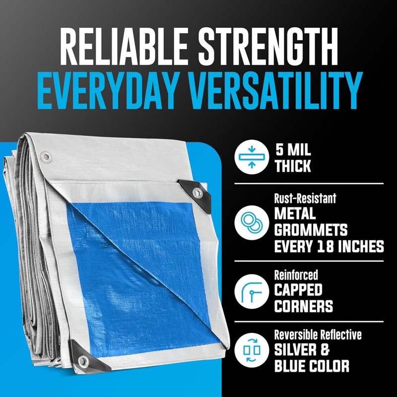 10x12 Tarp Waterproof Plastic Tarp - Grommets Every 18 Inches - 5 Mil - Multipurpose Water Proof Cover for Rain, Outdoor, Garden, Camping, Emergency Survival (Reversible Tarpaulin, Blue and Silver)