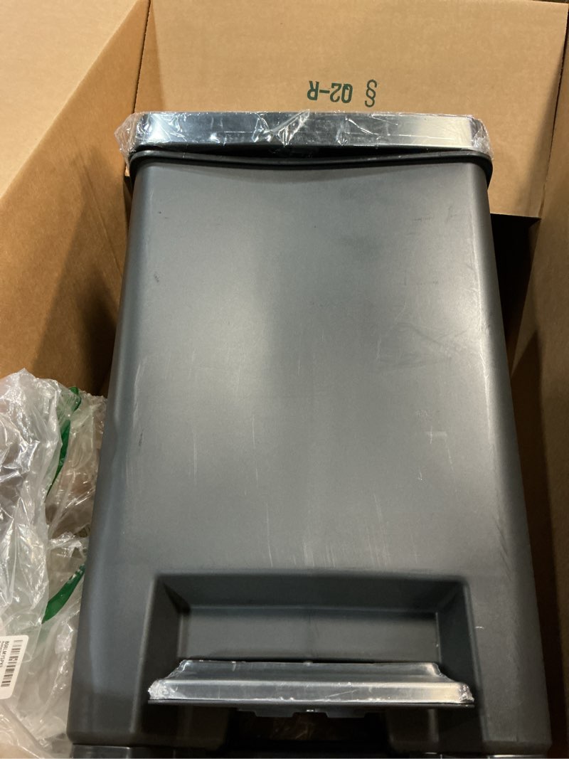 Condition photo showing As Is for Rubbermaid Premier Series III Step-On Trash Can for Home and Kitchen, with Stainless Steel Rim, 12.4 Gallon, Charcoal, for Home/Kitchen/Garage/Apartment/Office Metal Rim, Resin Lid