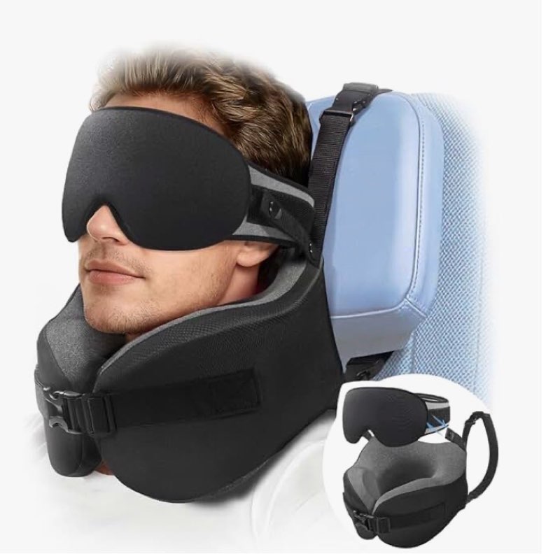 YFONG Travel Pillow for Long Flight Airplane, Head Strap Combo with 3D Contoured Sleep Eye Mask, Nec