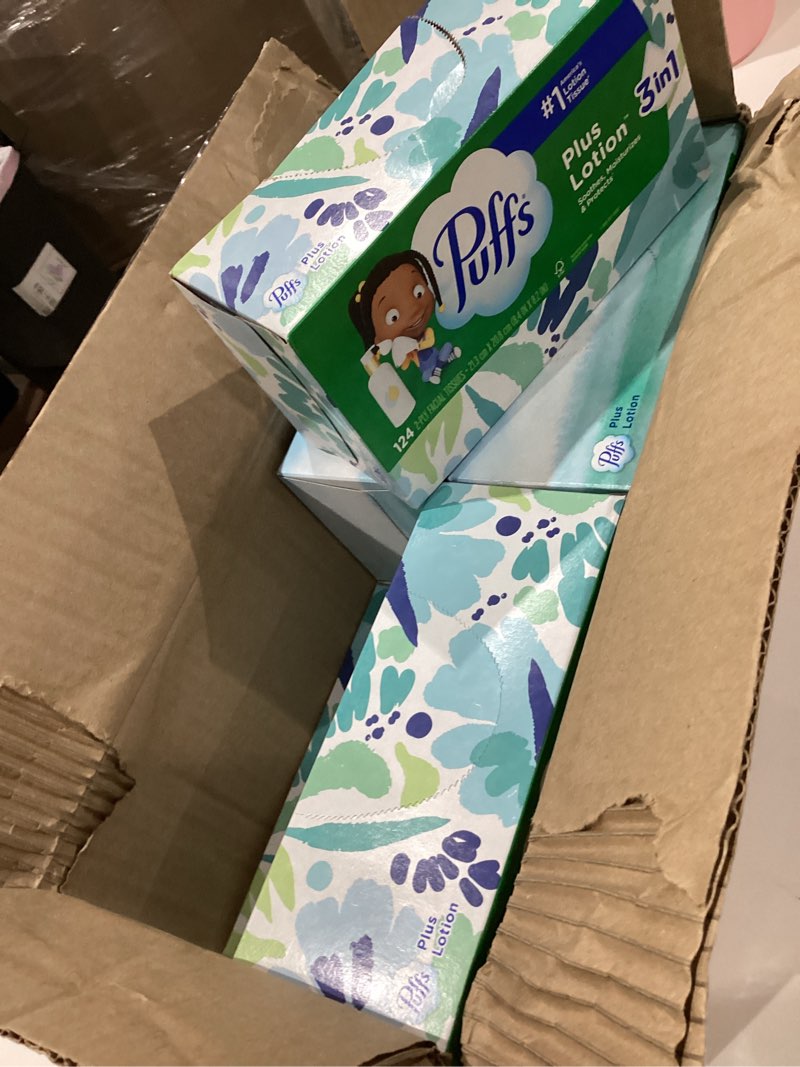 Condition photo showing Good Condition for puffs facial tissues plus lotion, 8 family rectangle boxes, 124 facial tissues per box, allergies and colds (packaging may vary