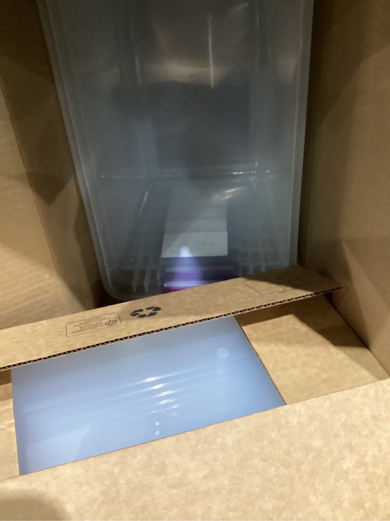 Condition photo showing As Is for Sterilite 6-Pack 27 Quart ClearView Latch Box, Stackable Organizer Bins with Latching Lids - Clear Plastic Organization Containers for Closet, Bedroom, Shelving Units and Everyday Home Storage 27 Quart 6 Pack