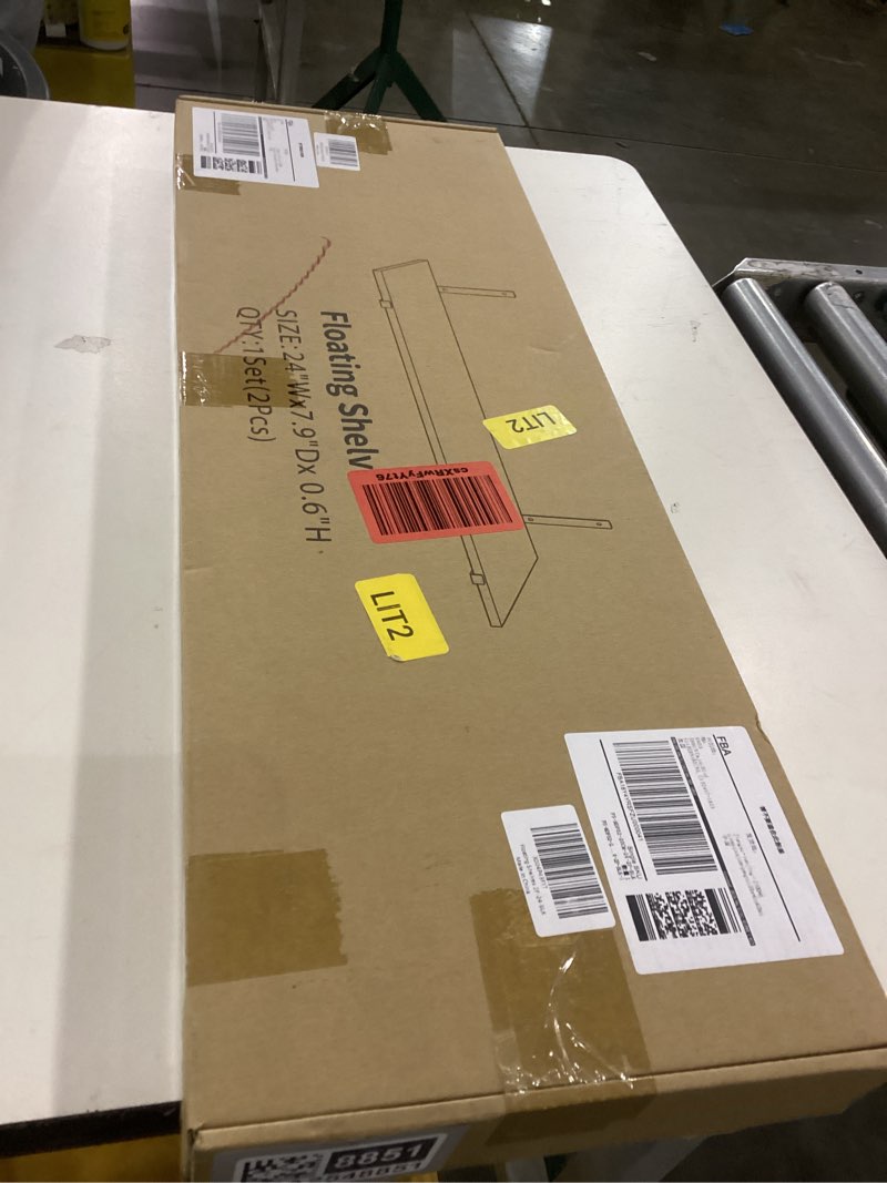 Condition photo showing New/Like New for Fun Memories Deep Floating Shelves, 16" W x 8" D Floating Shelf Set of 2, Black Wall Mounted Shelves with Metal Brackets, Rustic Wood Wall Shelves for Living Room, Bathroom, Bedroom and Kitchen Black 16"Wx8"D