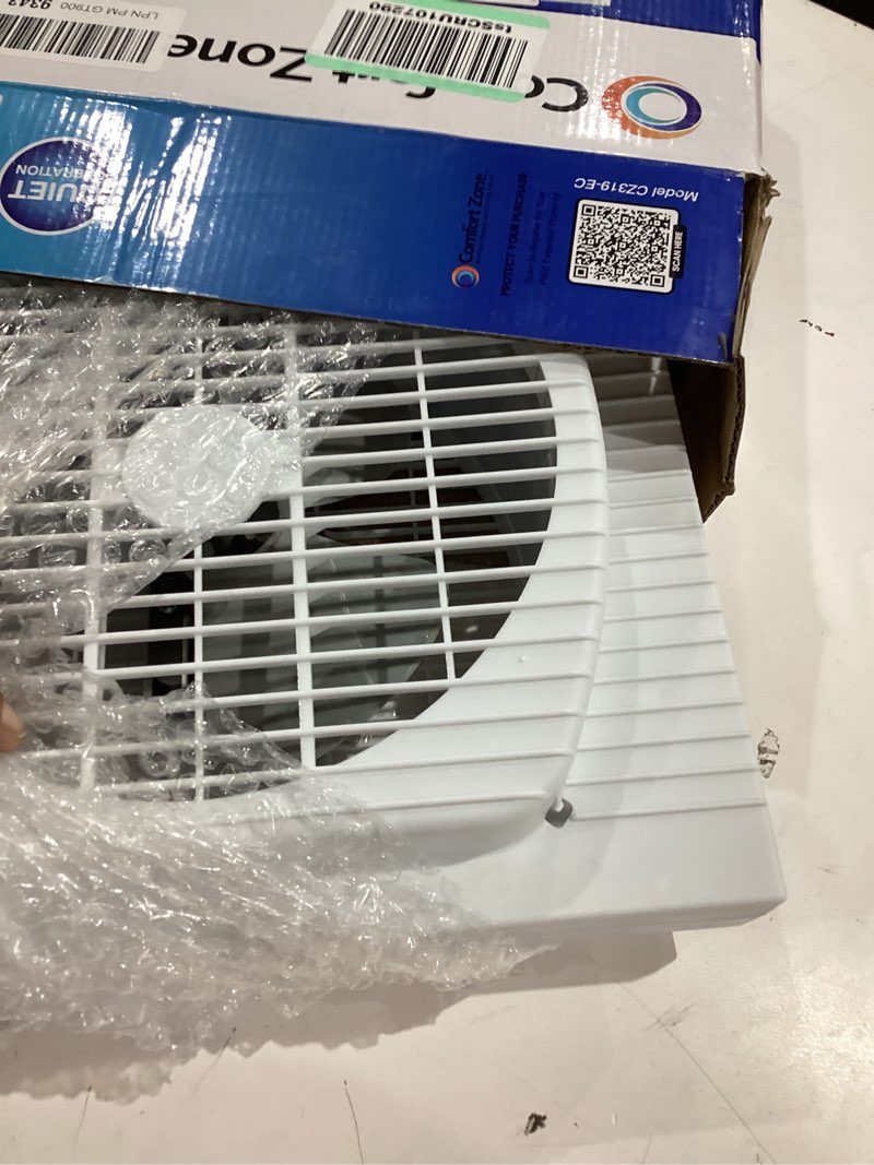 Condition photo showing As Is for comfort zone twin window fan with reversible airflow control, 9 inch, auto-locking expanders, 2 speed fan, dual fan, exhaust, airflow 9.84 ft/sec, ideal for home, kitchen, bedroom & office, cz319wt white 9"