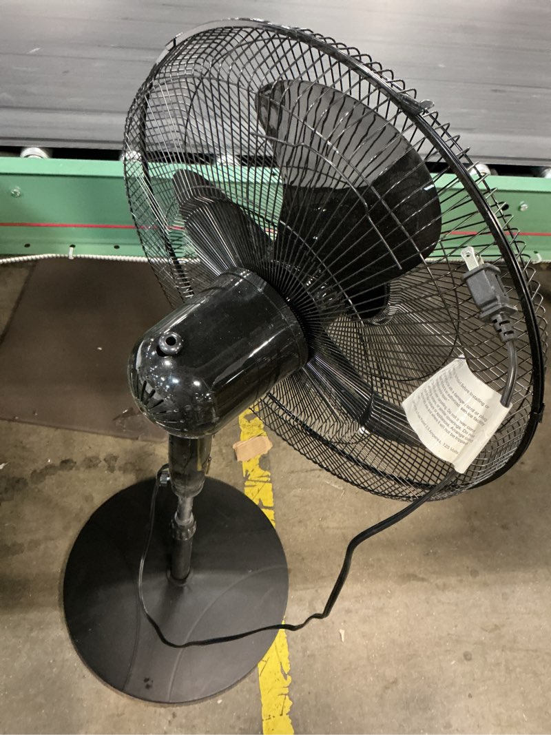 Condition photo showing As Is for utilitech 18-in indoor oscillating pedestal fan, in black with remote