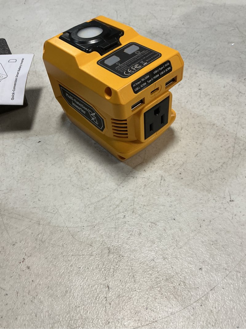 Condition photo showing Good Condition for 220w power inverter compatible with dewalt 20v battery, dc 20v to ac 110v inverter, portable power station generator with 1 ac outlet, 2 usb ports & 1 type-c fast charging, 400lm led work light 1-pack yellow