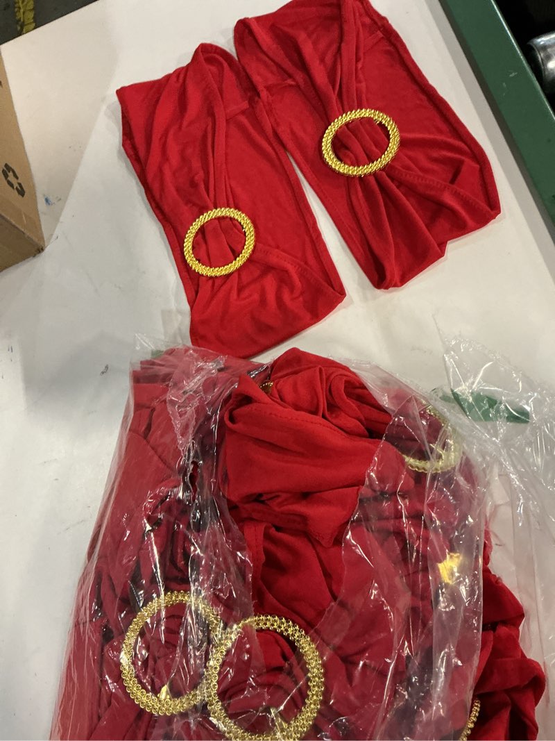 Condition photo showing Good Condition for Pack of 50 Spandex Red Chair Sashes with Gold Buckles, Stretch Chairs Sashes for Wedding Party Baby Shower Ceremony Event Decorations Chair Bands Bows (Red Sashes, Gold Buckles) Red Sashes + Gold Buckles 50