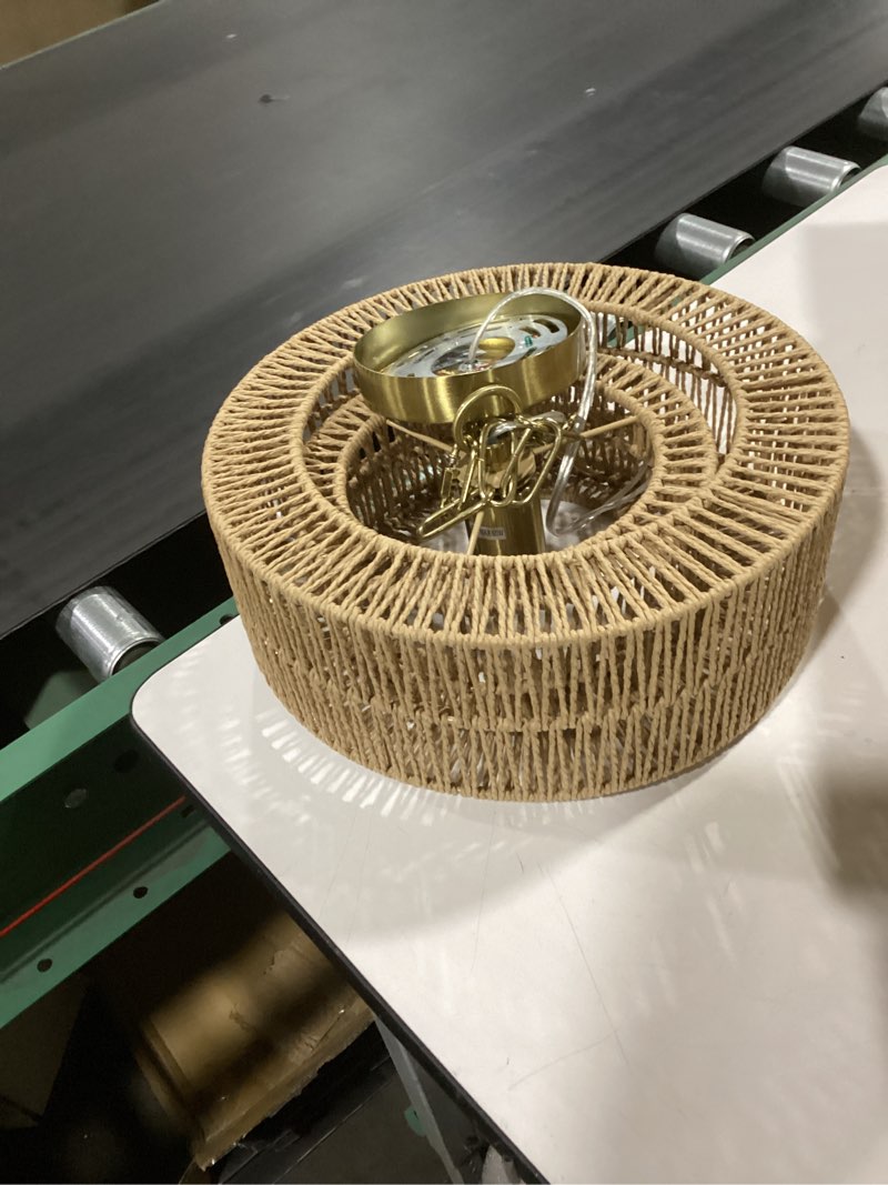 Condition photo showing Good Condition for 12.4" large boho rattan farmhouse chandeliers for dining room, rattan hand-woven rustic drum chandelier pendant light fixture for kitchen island bedroom living room entryway foyer brown 12.4"