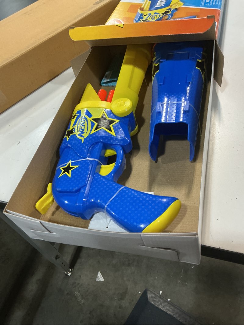 Condition photo showing Good Condition for nerf fortnite half tone hero blaster, bonus code to unlock half tone hero wrap in the game, break open loading, 12 nerf elite darts, fortnite gifts