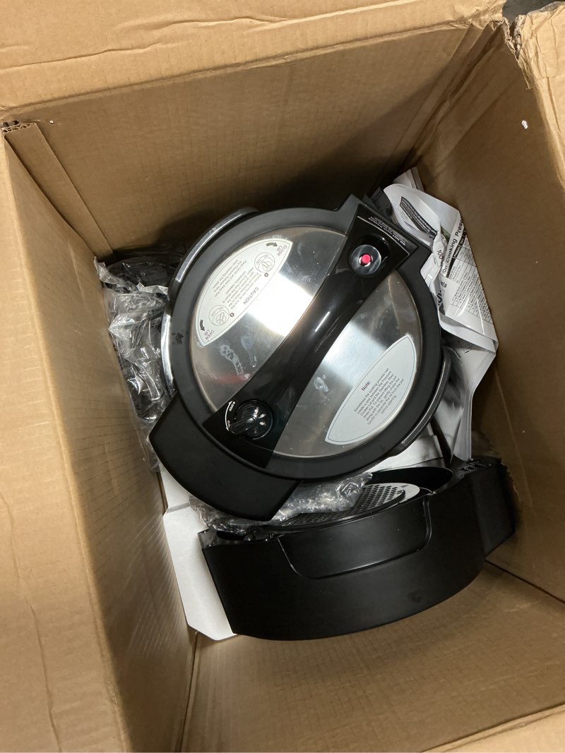 Condition photo showing Good Condition for nuwave duet air fryer, electric pressure cooker & grill combo, 540 in 1 multicooker with 3 removable lids, slow cook, sautés, dehydrator, 18/10 ss pot, sure-lock safety tech & 13 deluxe accessories 9 accessories