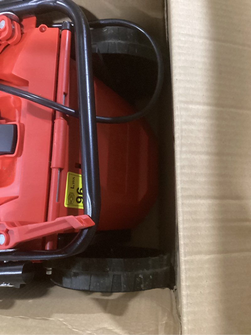 Condition photo showing As Is for heinpro 14" cordless lawn mower compatible with milwaukee m18 battery, 2-in-1 brushless electric lawn mower for small yards, push mowers with 5-position height adjustment, red (tool only)