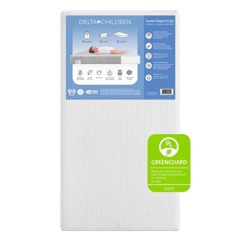 delta children sweet beginnings dual sided baby crib mattress and toddler mattress, greenguard gold and certipur-us certified, firm plant-based foam, waterproof, 5 year warranty, made in usa, white