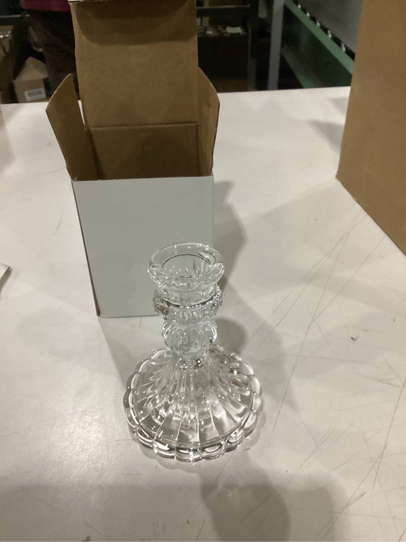 Condition photo showing New/Like New for glass candlestick holder- clear taper stripe candle holder for candlesticks, 4\\\" h taper candle holder small centerpiece for wedding, festival, party & windowsill decor stripe