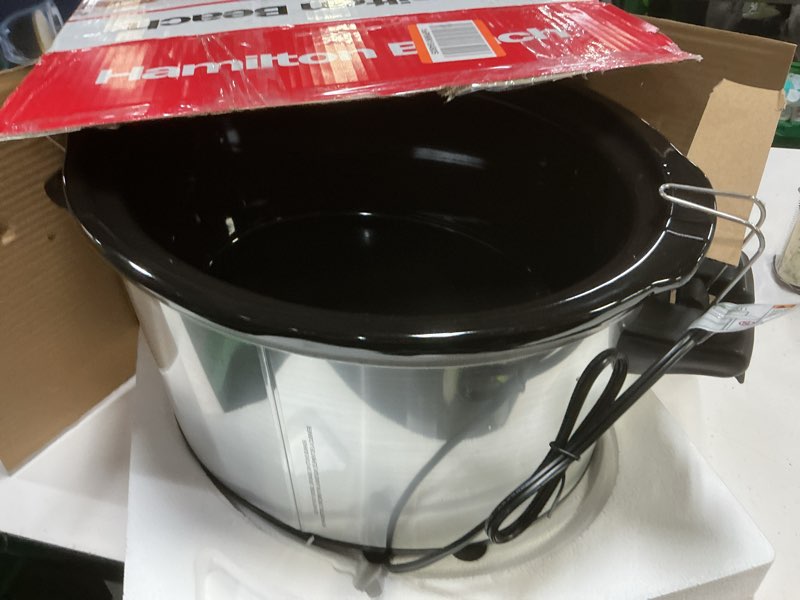 Condition photo showing As Is for ( missing lid) :hamilton beach portable 6 quart set & forget digital programmable slow cooker with lid lock, temperature probe & defrost setting, dishwasher safe crock & lid, silver (33869) defrost, silver 6 quarts