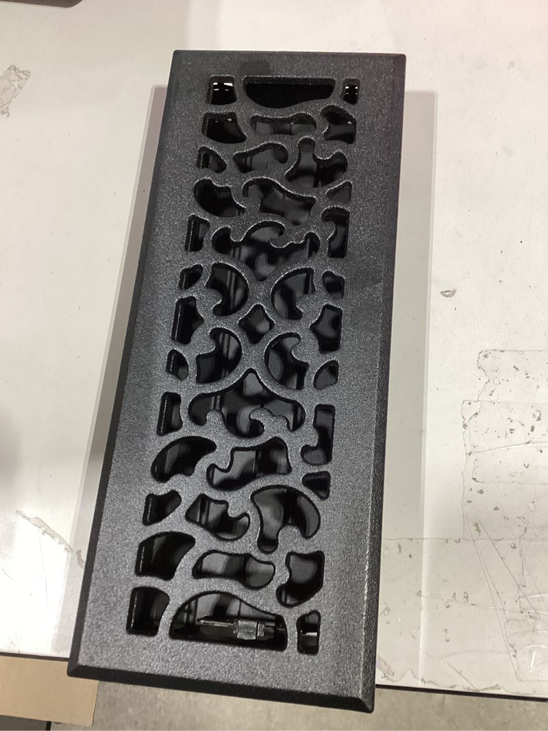Condition photo showing Good Condition for allen + roth 4-in x 12-in maximum airflow steel matte black savannah design floor register