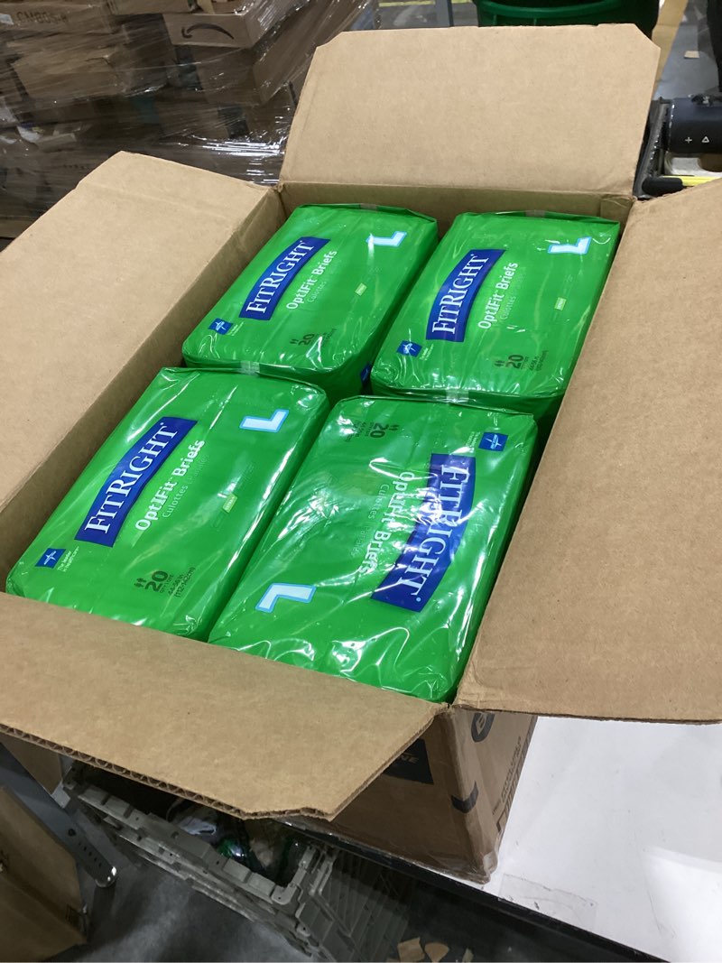 Condition photo showing New/Like New for fitright adult diapers, extra+ heavy absorbency, l (waist size 44in-56in), 80 count, optifit incontinence briefs for men and women, disposable, moisture-wicking, leak protection. 80 count large