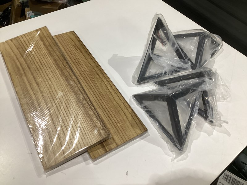 Condition photo showing Good Condition for Wallniture Minori Floating Shelves Set of 2,  Small Bookshelf Unit for Living Room, Office, and Bedroom, Natural Burned Rustic Wood Wall Decor with Metal Floating Shelf Bracket 6D x 17W x 5.5H in