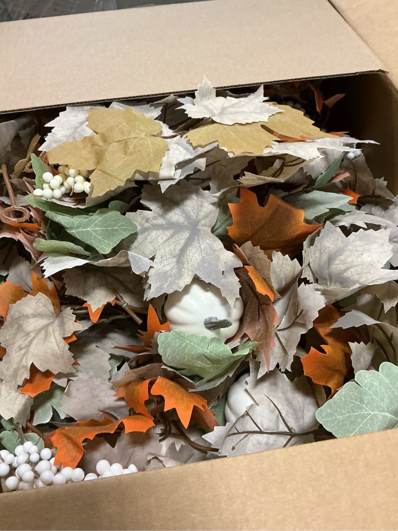 Condition photo showing Good Condition for Neutral Fall Garland for Mantle Fireplace - 2 Pack Total 24Ft Outdoor Autumn Leaves Decor for Home Front Door with Pumpkins Indoor Maple for Farmhouse Stairs Porch Halloween Thanksgiving Decorations 12Ft 2