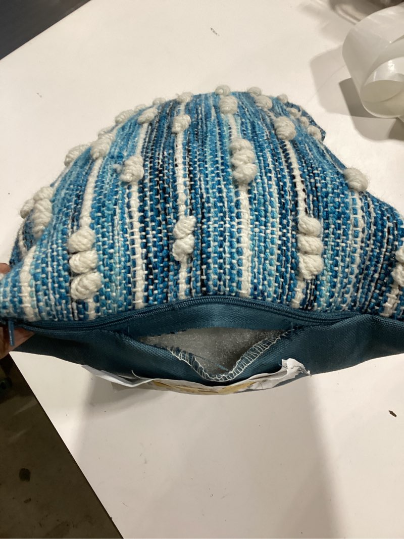 Condition photo showing As Is for allen + roth striped teal rectangular throw pillow