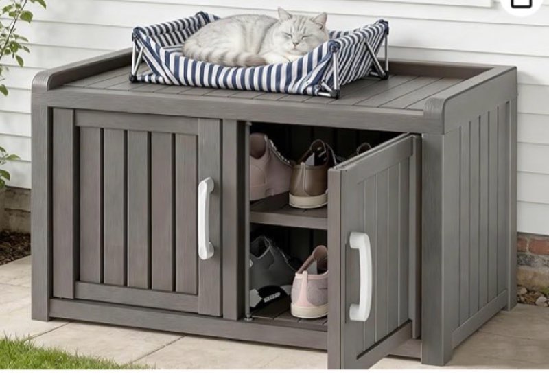 2tier storage bench, waterproof uv-resistant outdoor shoe storage cabinet with 2 doors & adjustable shelves for indoor outdoor entryway, hallway, living room (classic grey)
