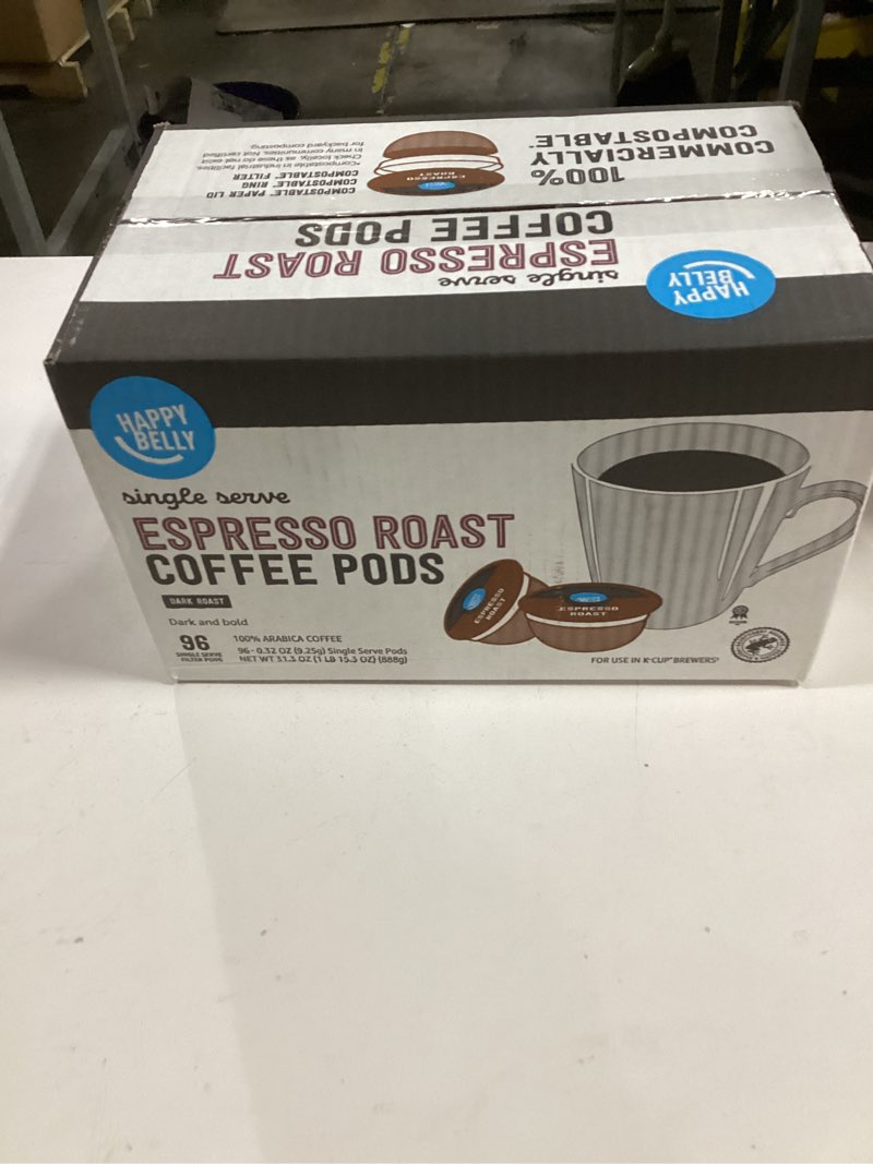 Condition photo showing New/Like New for (( Best By/02/28/2027))Amazon Brand - Happy Belly Espresso Roast Compostable Coffee Pods (Dark Roast), Compatible with K-Cup Brewer, 96 Count