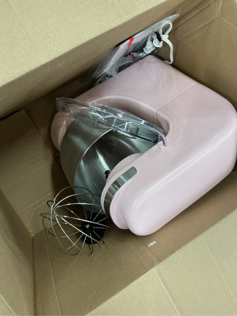 Condition photo showing As Is for Hamilton Beach Electric Stand Mixer, 4 Quarts, Dough Hook, Flat Beater Attachments, Splash Guard 7 Speeds with Whisk, Rose