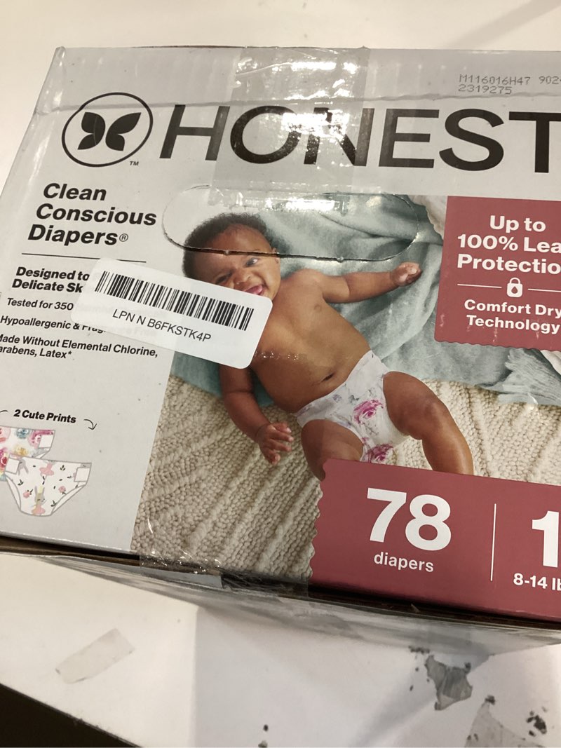 Condition photo showing Good Condition for the honest company comfort dry disposable diapers for sensitive skin, hypoallergenic, rose blossom + tutu cute, club box size 1 (8–14 lbs), 78 count size 1 (78 count) rose blossom + tutu cute