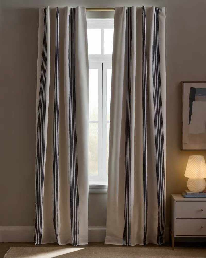 ( 1 panel )Coastal Stripe Linen Cotton True Blackout Curtain size 48x84 in