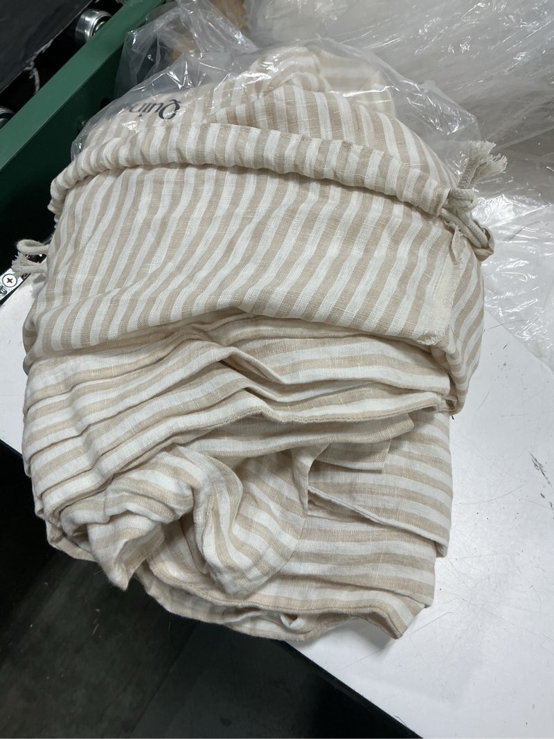 Condition photo showing As Is for quince european linen sheet set queen color natural/white stripe