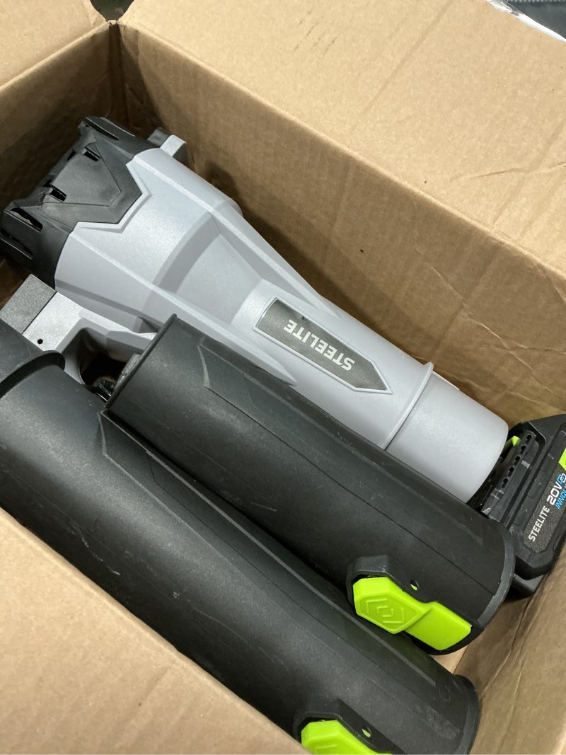 Condition photo showing As Is for steelite 21v cordless leaf blower,150 mph 600 cfm,electric leaf blower with 2 x 2.0ah battery packs and charger,lightweight battery powered leaf blower for lawn care, patio cleaning