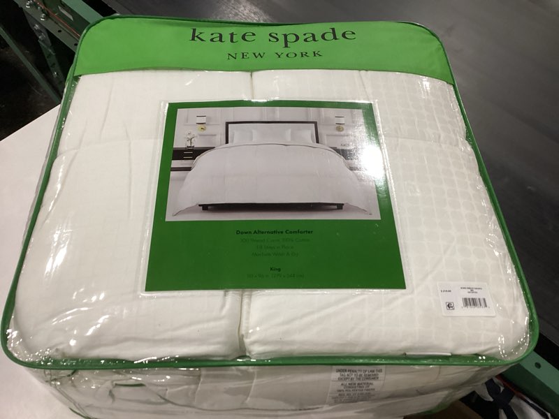 Condition photo showing New/Like New for kate spade new york noel king comforter, down alternative comforter with jacquard dot design, 300 thread count and 100% cotton, all season bedding, machine washable, white king white