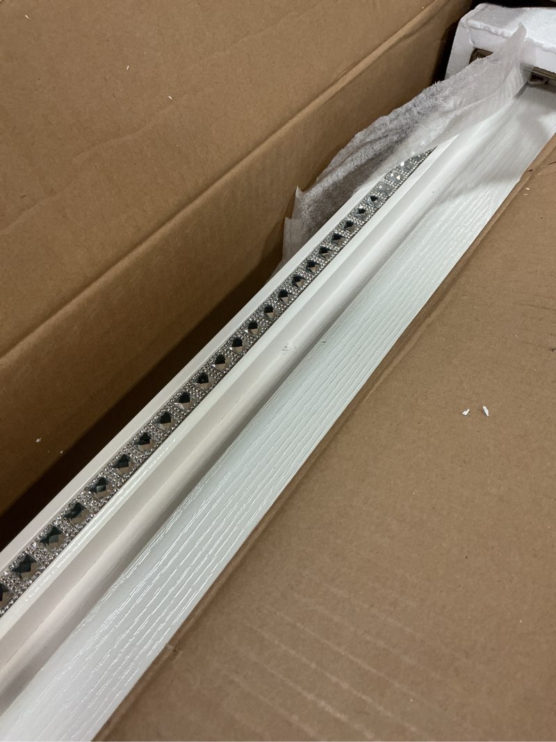 Condition photo showing As Is for (Incomplete, table only) KEIKI 5-Piece Counter Height Dining Table Set with Square Table and 4 Upholstered Chair, for 4 Person, Modern Style Crystal Decoration Wooden Table Set, Easy Assembly, for Kitchen, Dining Room,White White 34.5\"L x 34.5\"W x 36\"H