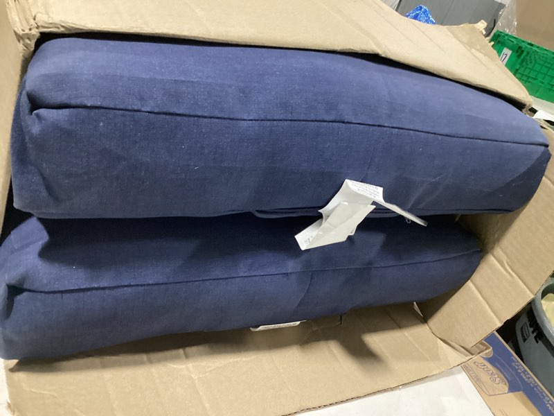 Condition photo showing Good Condition for arden outdoor loveseat cushion set, 48 x 24, water repellent, fade resistant, cushion set for couch, bench, and swing, sapphire blue leala